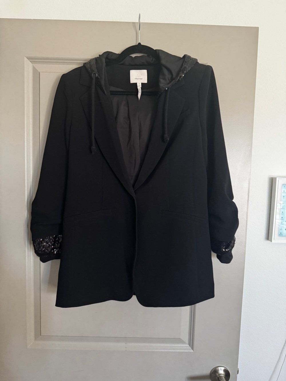 cinq a sept Black Hooded Blazer with Sequin Cuffs
